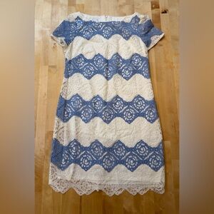 London Times Blue and Cream Lace Chevron Pattern Dress